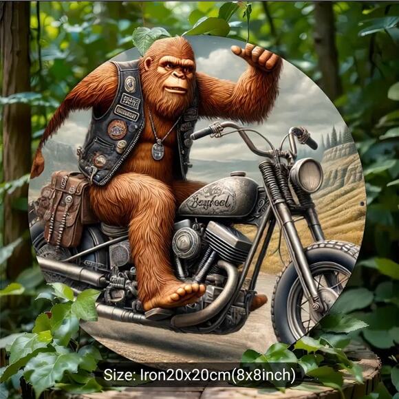 Metal Sasquash on a Motorcycle Round Sign for home, gift, or garage - Picture 2 of 4